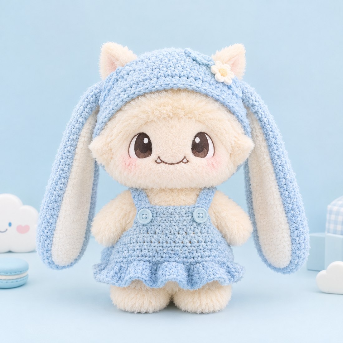 Macaron blue bunny ears crochet set on a plush doll