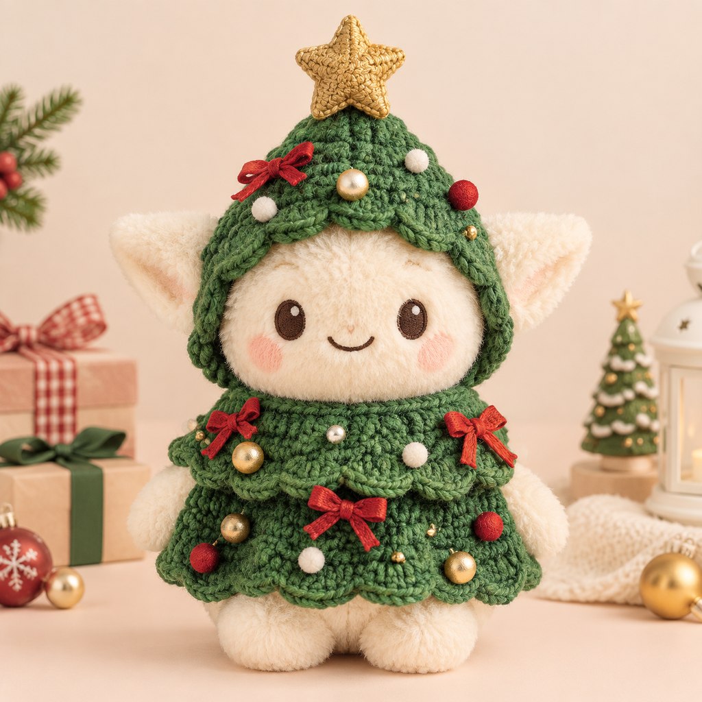 Green crochet Christmas tree costume with bows and star on a plush doll