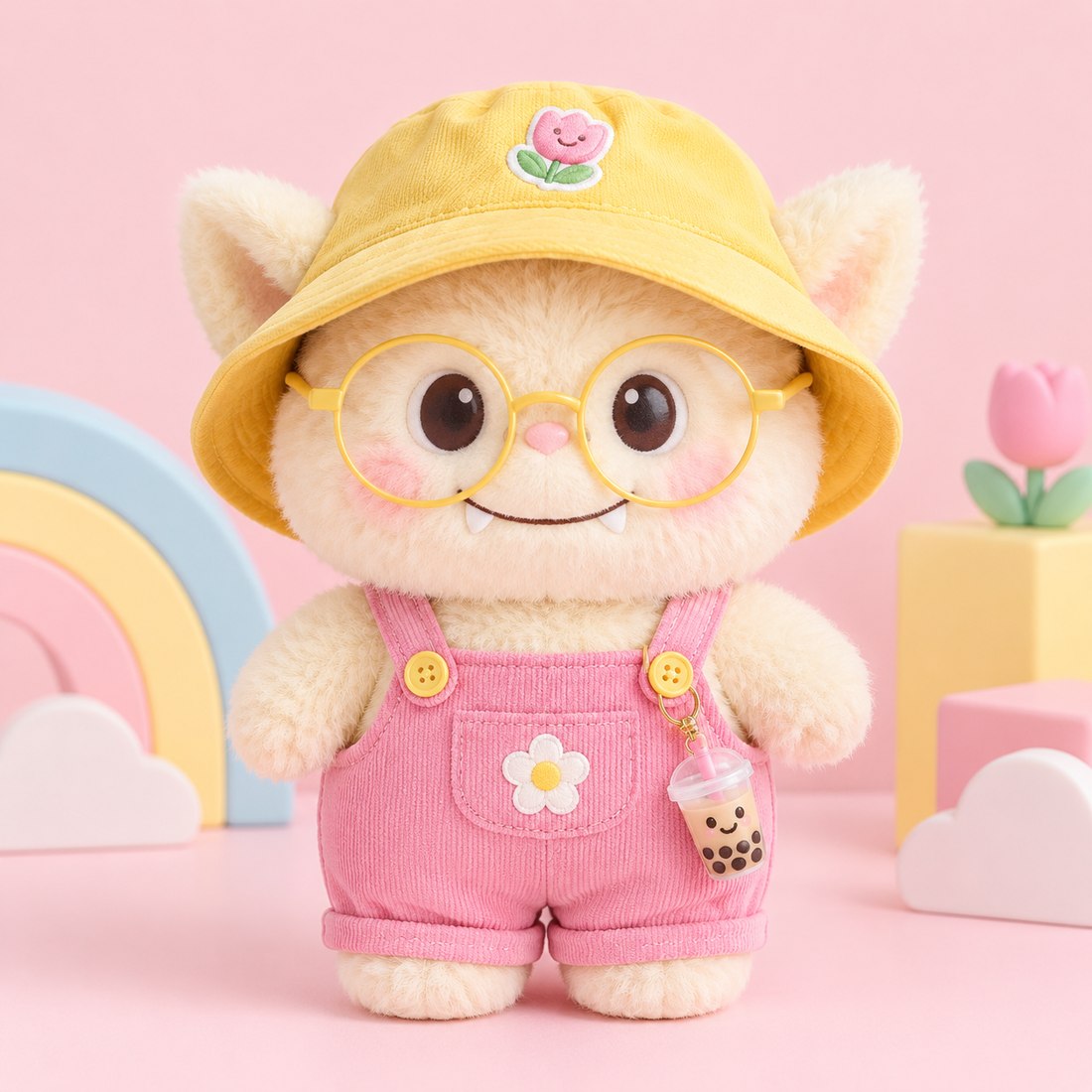 Pink overalls five-piece doll outfit set with hat and glasses