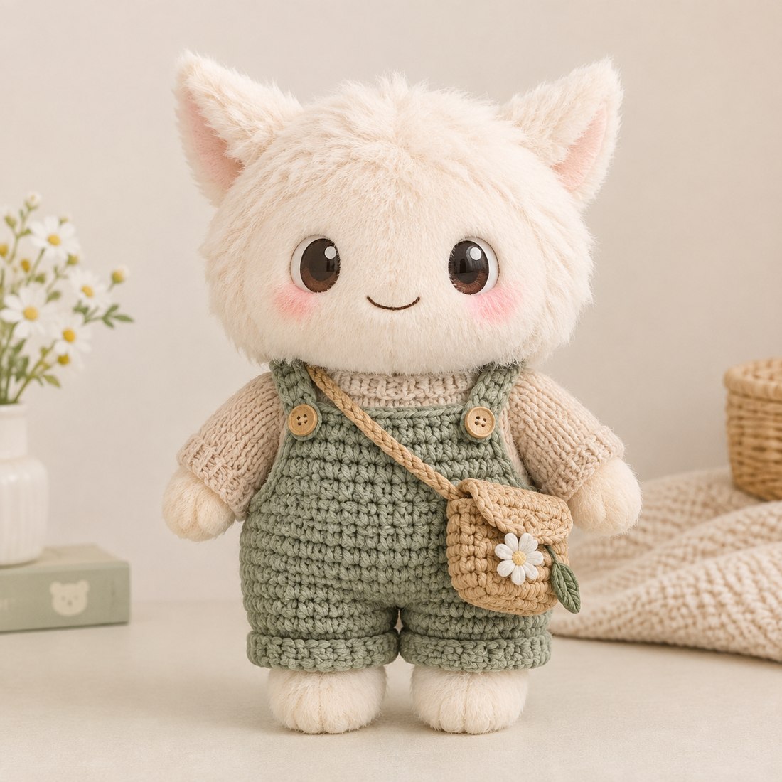 Hand crochet doll outfit set with hat, overalls and mini bag