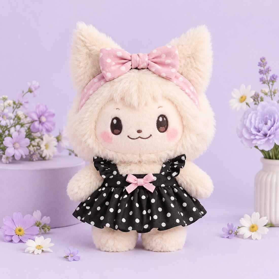Polka dot doll dress with bow headband and charm