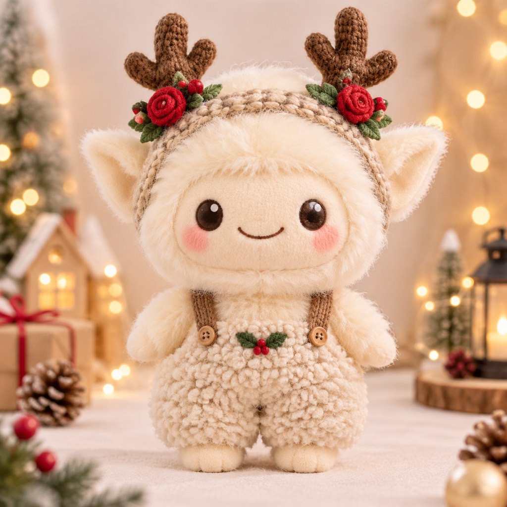 Reindeer antler headpiece and knit pants Christmas set on a plush doll
