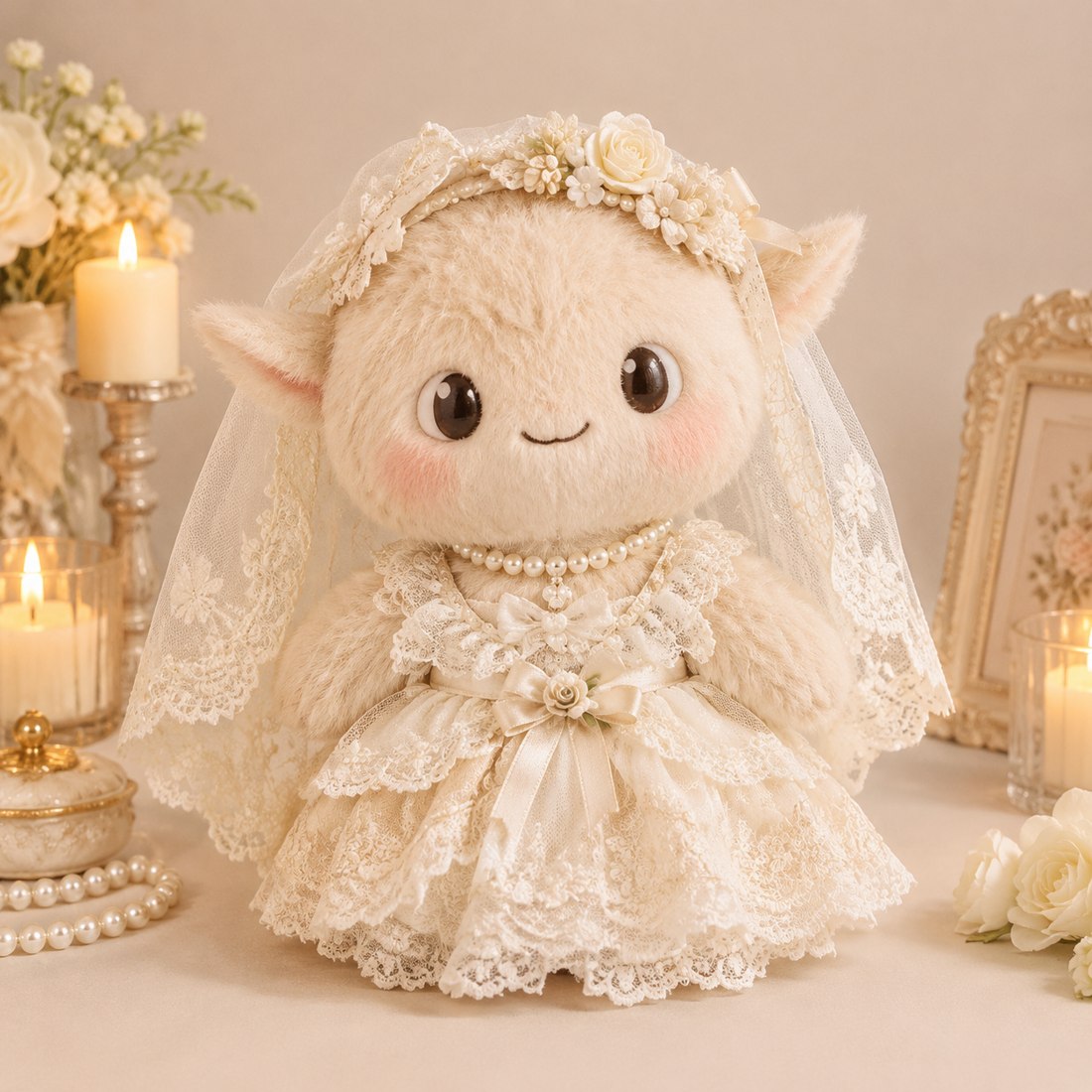 Ivory vintage lace dress with veil and pearls on a plush doll