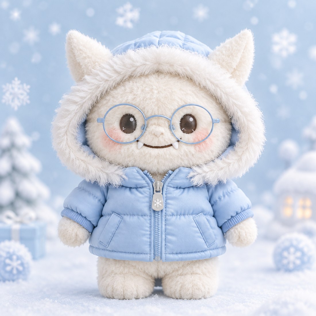 Blue quilted puffer jacket with fur hood on a plush doll